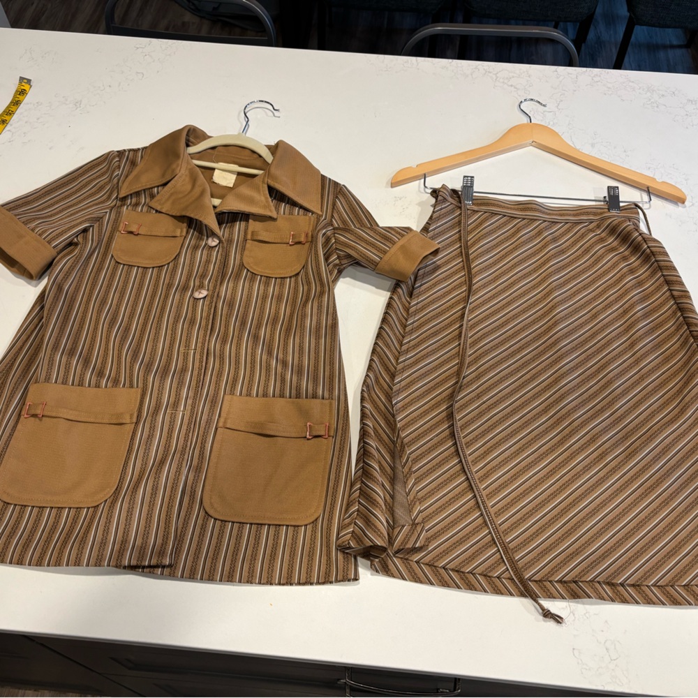 Unique Vintage Brown Striped Midi Dress Set 60’s 70s